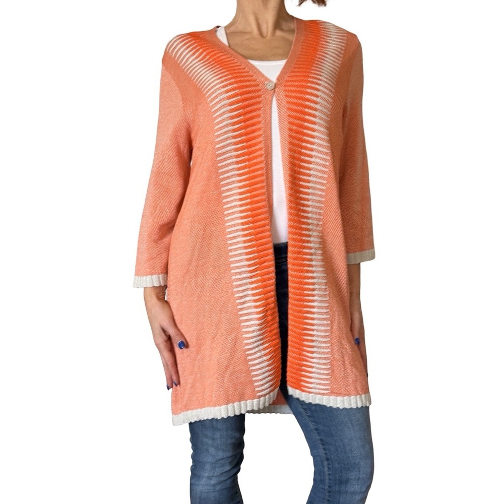 Tricot Chic Italy Orange Knit Open Cardigan Sweater Topper 3/4 Sleeve V Neck 10
